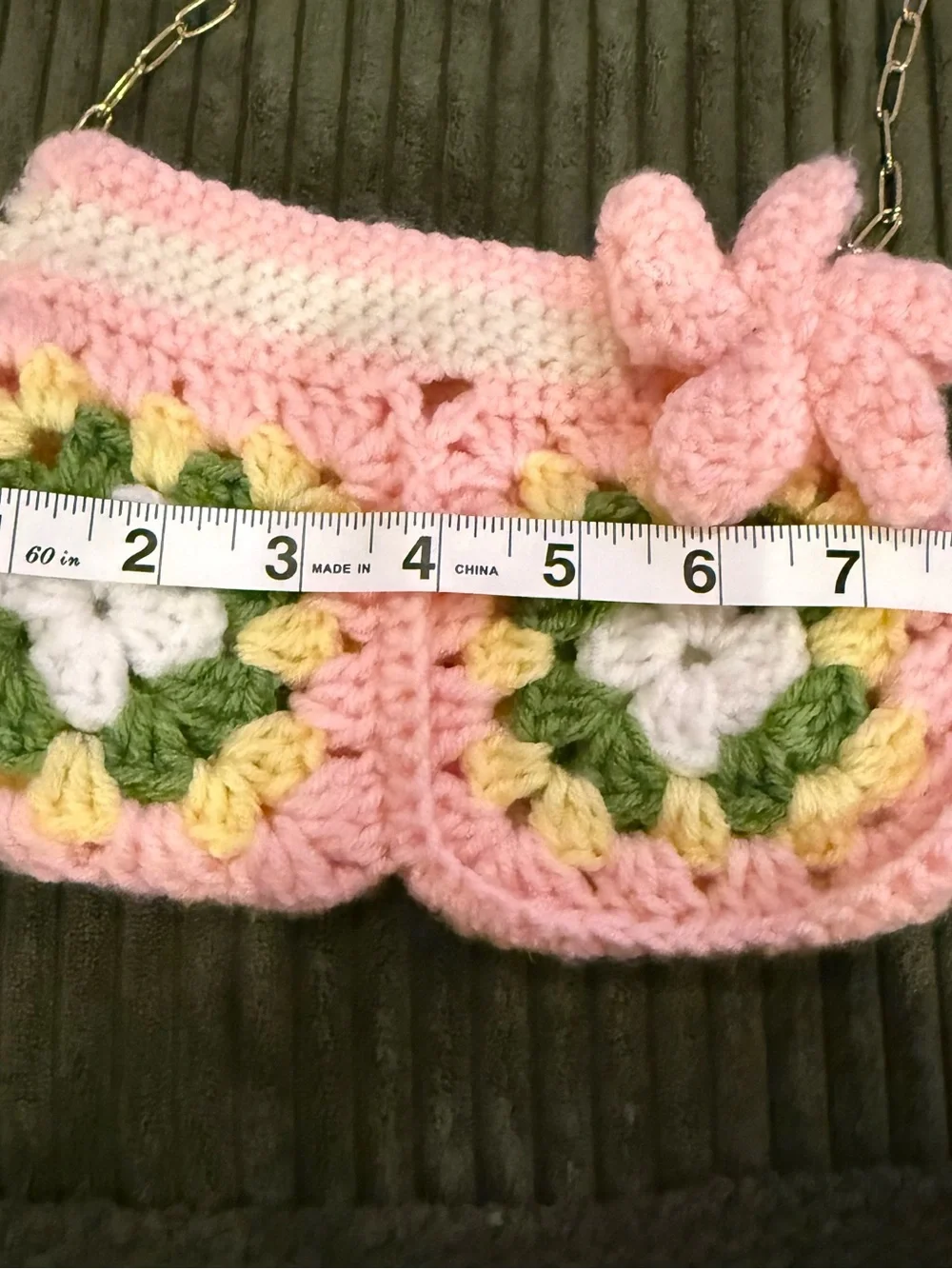 Handmade Crocheted Granny Square Purse Pink Green Gold Chain with Flower Charm